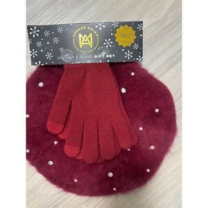 Marcus Adler New York Womens 2PC Faux Fur Beret and Glove Gift Set Burgundy Red